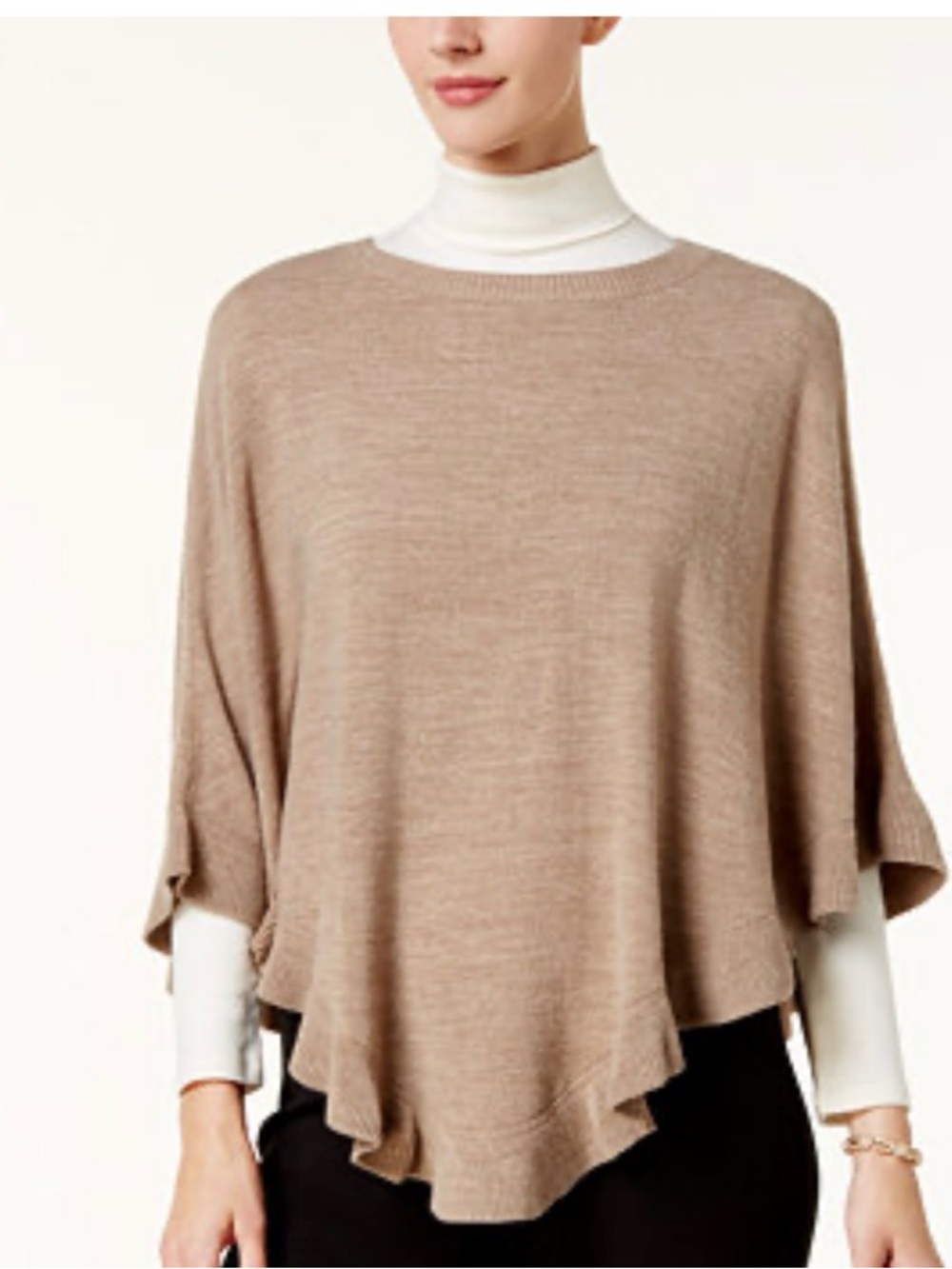 Karen Scott Ruffle Taupe Knit Poncho Sweater